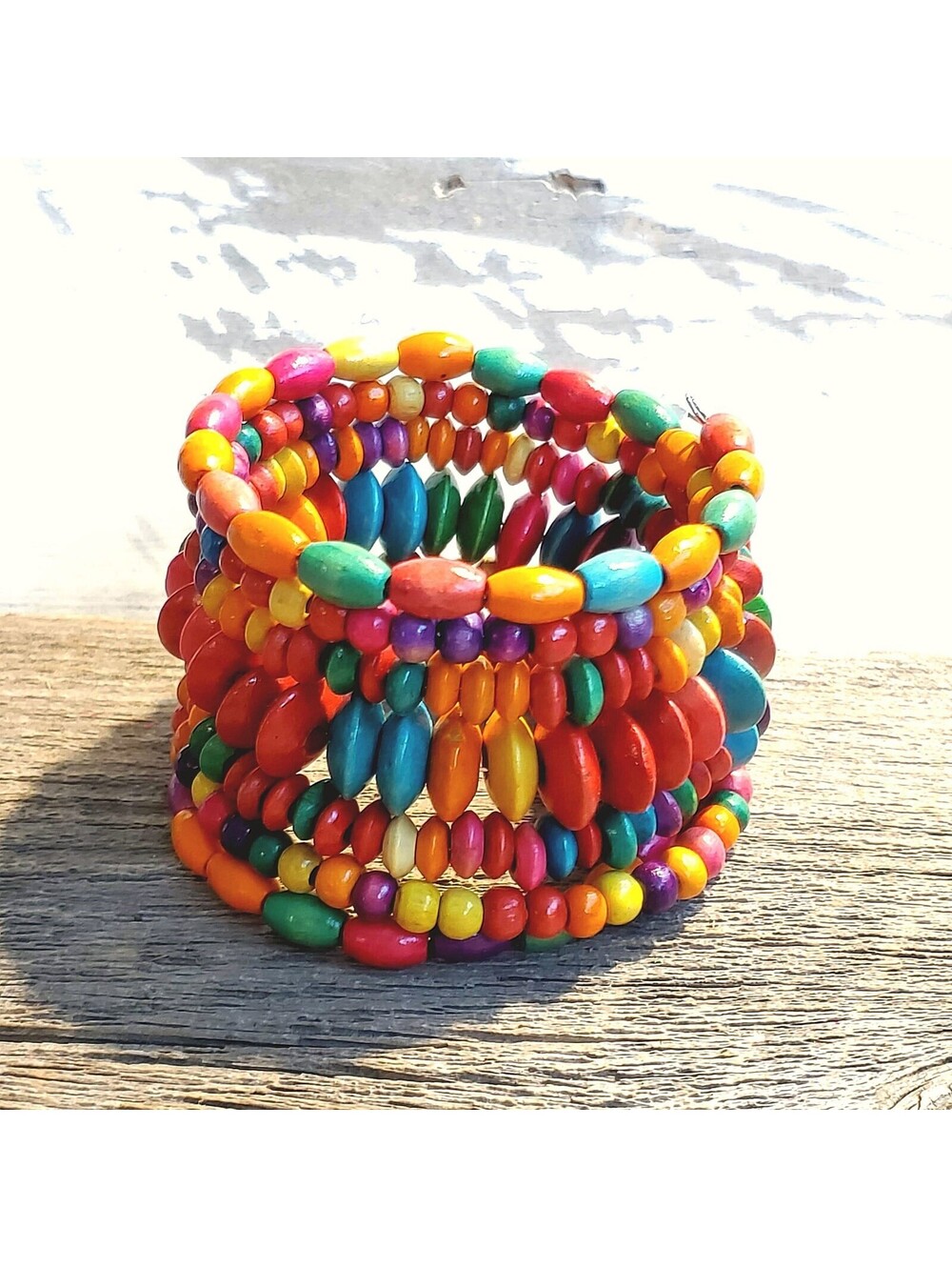 Vintage 90s Bali Sustainable Multicolor Wood Beads Memory Wire Wrap Bracelet